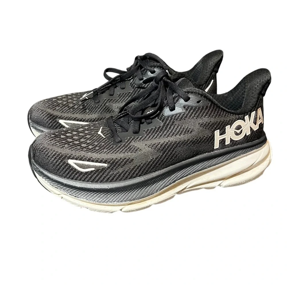 Hoka Clifton 9 Running Shoes Womens 7B Black White Mesh‎ Athletic Sneakers